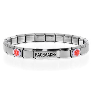 May include: A silver charm bracelet with a medical alert charm featuring a red star of life symbol and the word "PACEMAKER" on a separate charm.
