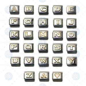 Dolceoro Italiaanse modulaire bedel beginletter alfabet, past op alle merken 9 mm schakelmaat, glanzend tweekleurig goud-zilverkleur