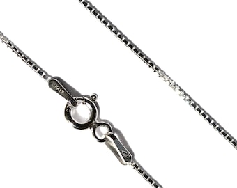 イタリア製スターリングシルバー 0.8mm ボックスチェーンネックレス、ダイヤモンドカット、ロジウムメッキ