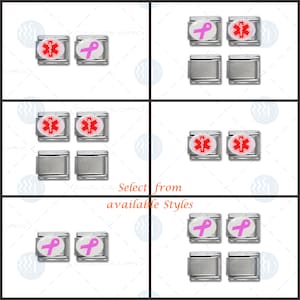 Pink Cancer Ribbon or Medical ID Insignia Symbol on 9mm Stainless Steel Italian Charm Link