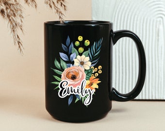 Floral custom mug, Personalized black mug, Large customized coffee cup, Gift for best friend, Custom Mug with Text, Coffee Lover Unique Gift