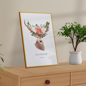 Póster de nacimiento de ciervo personalizado, nombre del bebé, regalo de nacimiento