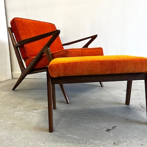 Solid Handmade Walnut Z chair with Ottoman in Electric Orange image 2