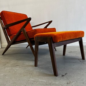 Solid Handmade Walnut Z chair with Ottoman in Electric Orange image 3