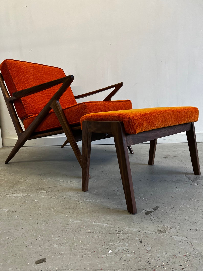 Solid Handmade Walnut Z chair with Ottoman in Electric Orange image 3
