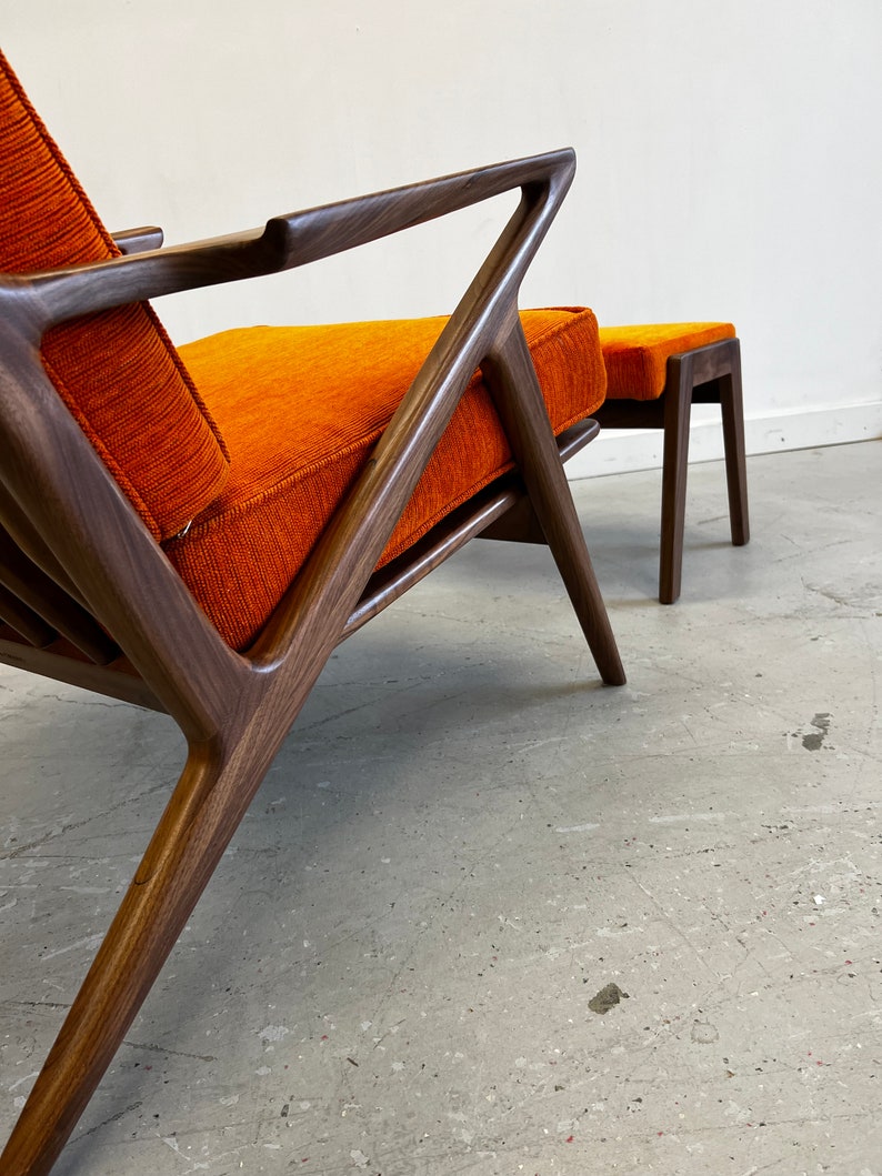 Solid Handmade Walnut Z chair with Ottoman in Electric Orange image 6