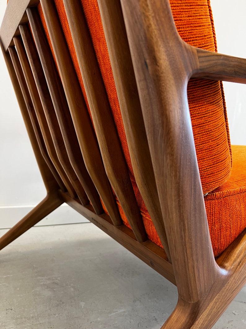 Solid Handmade Walnut Z chair with Ottoman in Electric Orange image 4