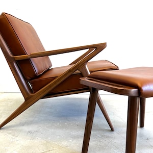 Exquisite Handmade Walnut Z Chair with Ottoman in Hand-Finished Full Grain Leather