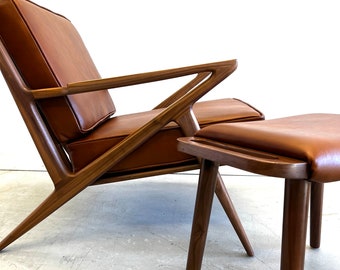 Exquisite Handmade Walnut Z Chair with Ottoman in Hand-Finished Full Grain Leather