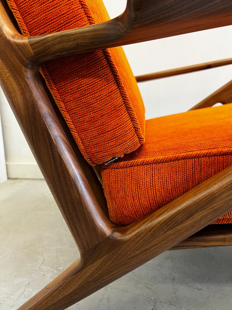 Solid Handmade Walnut Z chair with Ottoman in Electric Orange image 5