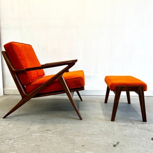 Solid Handmade Walnut Z chair with Ottoman in Electric Orange image 1