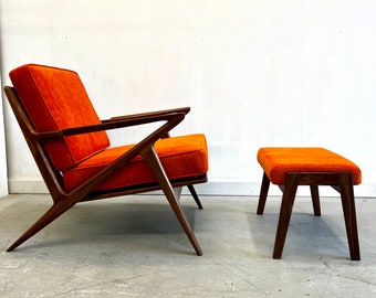 Solid Handmade Walnut Z chair with Ottoman in Electric Orange