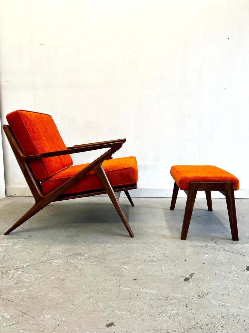 Solid Handmade Walnut Z chair with Ottoman in Electric Orange image 1