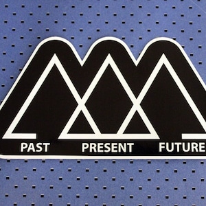 May include: Black and white graphic design with three triangles forming a mountain shape. The triangles are labelled "Past", "Present", and "Future".