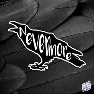 May include: Black and white silhouette of a raven with the word "Nevermore" written inside the silhouette. The raven is perched on a background of black feathers.