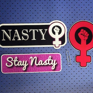 May include: Three stickers with the text "NASTY" and "Stay Nasty" in white lettering on a black and pink background. The stickers feature a stylized female symbol with a raised fist.