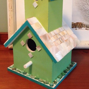 Green two story birdhouse with mother of pearl tiles and green shell image 1