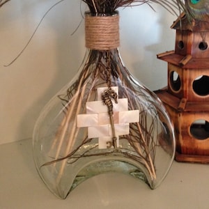 Fishtail shaped glass container/ vase with mother of pearl and bronze seahorse key