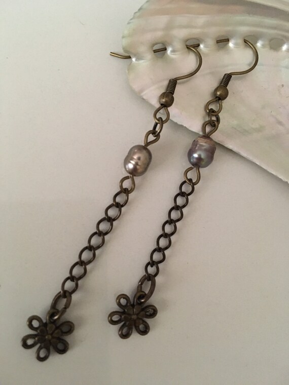 Bronze Chain Link Earrings With Freshwater Pearls Etsy