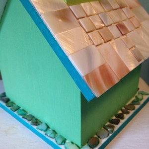 Green two story birdhouse with mother of pearl tiles and green shell image 4