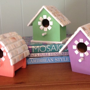 Set of three birdhouses with mother of pearl tiled  roofs