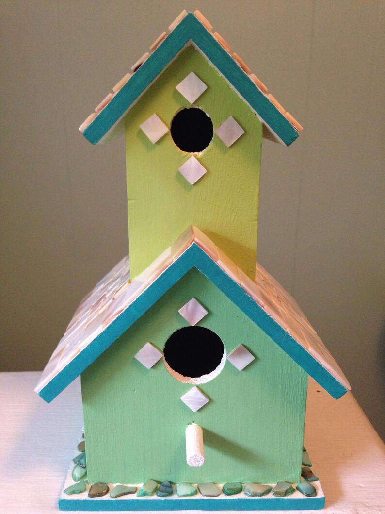 Green two story birdhouse with mother of pearl tiles and green shell image 5