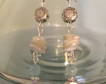 Freshwater pearl, mother of pearl and aventurine earrings