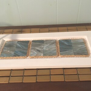 Rustic white wooden centerpiece/ candle holder with glass tile pieces and jute trim