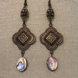 Bronze metallic earrings with abalone shell oval drops