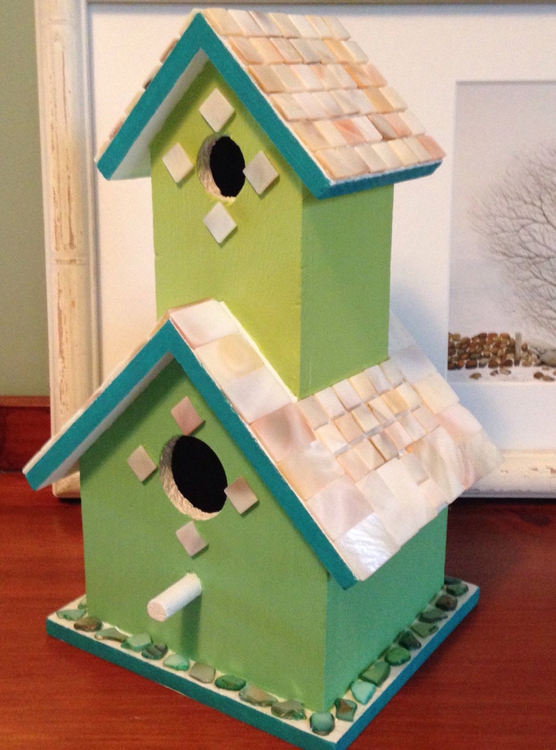 Green two story birdhouse with mother of pearl tiles and green shell image 1