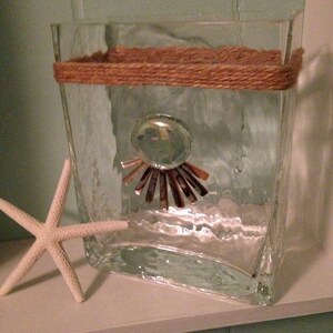 Textured glass vase  with abalone shell, glass gem and jute trim