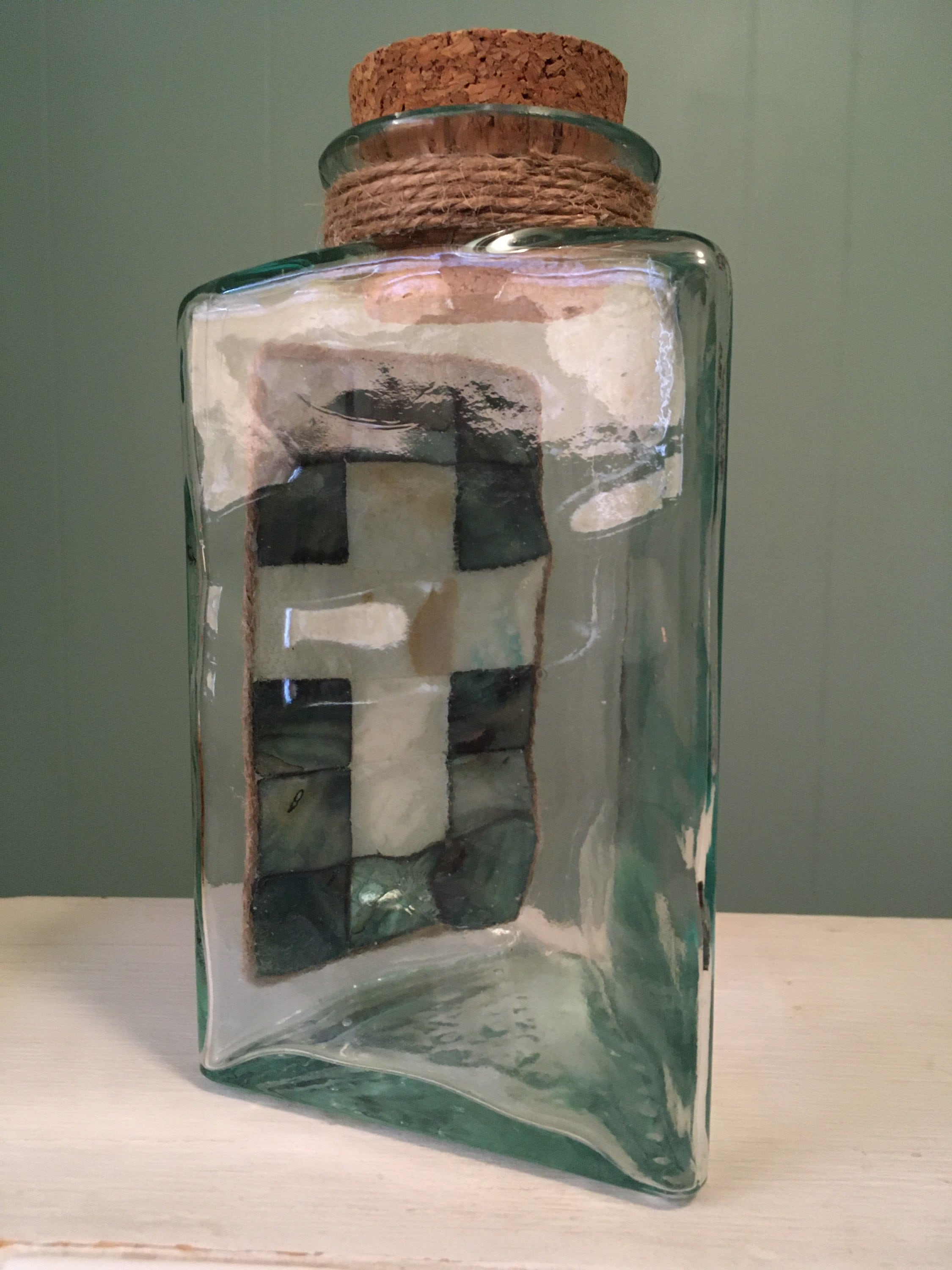 Green Tinted Triangular Glass Container With Mother of Pearl Cross ...