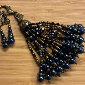 Navy Blue & Antique Brass Beaded Tassel (w/2 free zipper pulls)