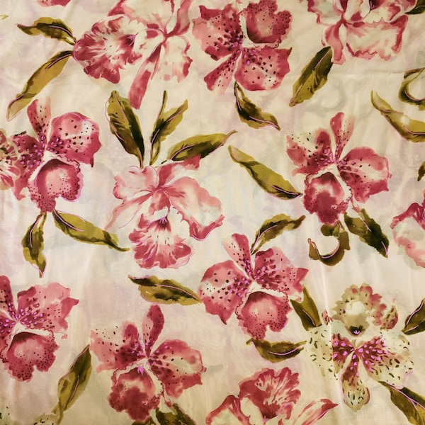 60" Wide 4 Way Stretch Beige Pink Orchid Floral Mesh Fabric Sold By the Yard - Free Shipping