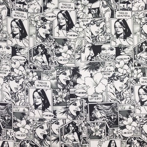 4 Way Stretch 60&quot; Wide Black & White Comic Manga Print Spandex Fabric By the Yard - Free Shipping