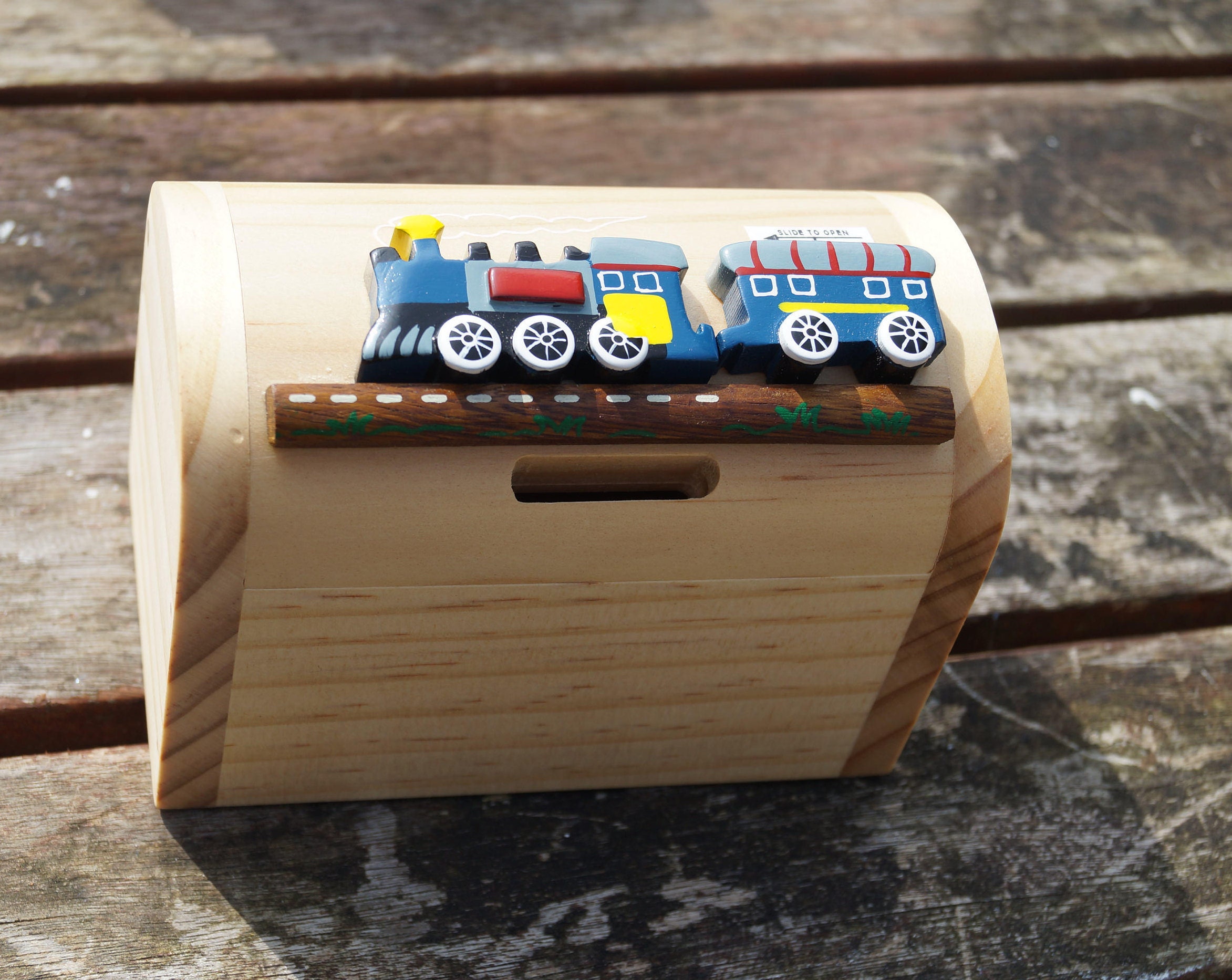 Childrens wooden money box personalised money box train Etsy