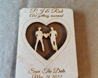 wooden same sex couple save the date magnet, two men save the dates , save the date magnets, gay wedding, same sex, mens save the date