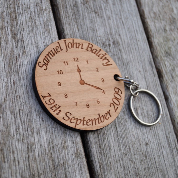 Time you were born wooden keyring, Birth announcement, the day you became, fathers day, mothers day, personalised keyring, time of birth