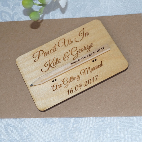 Wooden Save The Date cards, save the date, wooden wedding stationery, bespoke wedding, pencil us in, wedding invitations, wooden invitation