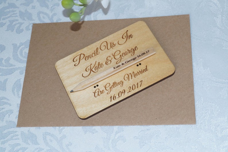 Wooden Save The Date cards, save the date, wooden wedding stationery, bespoke wedding, pencil us in, wedding invitations, wooden invitation image 1