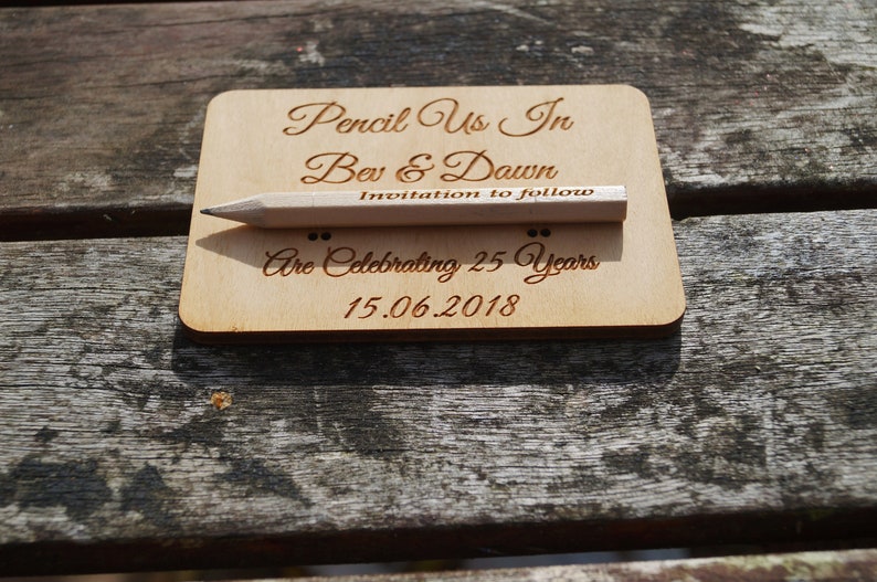 Wooden Save The Date cards, save the date, wooden wedding stationery, bespoke wedding, pencil us in, wedding invitations, wooden invitation image 6