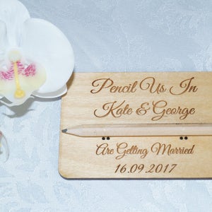 Wooden Save The Date cards, save the date, wooden wedding stationery, bespoke wedding, pencil us in, wedding invitations, wooden invitation image 2