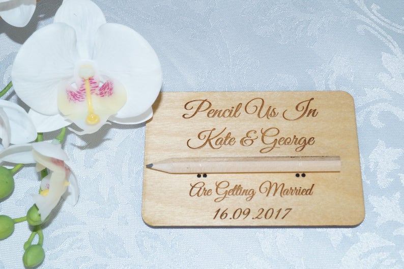 Wooden Save The Date cards, save the date, wooden wedding stationery, bespoke wedding, pencil us in, wedding invitations, wooden invitation image 2