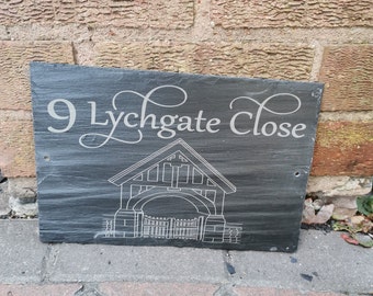 Lychgate slate house sign, Slate house sign, personalised slate sign, tree of life, house number plaque, house sign, house name plaque