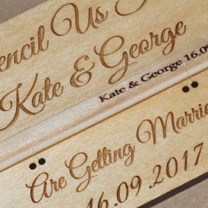 Wooden Save The Date cards, save the date, wooden wedding stationery, bespoke wedding, pencil us in, wedding invitations, wooden invitation image 4