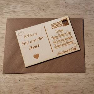 postal de madera, tarjeta personalizada, tarjeta de madera del día de la madre, tarjeta del día del padre