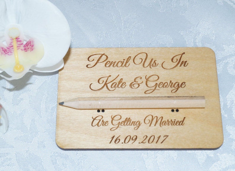 Wooden Save The Date cards, save the date, wooden wedding stationery, bespoke wedding, pencil us in, wedding invitations, wooden invitation image 5