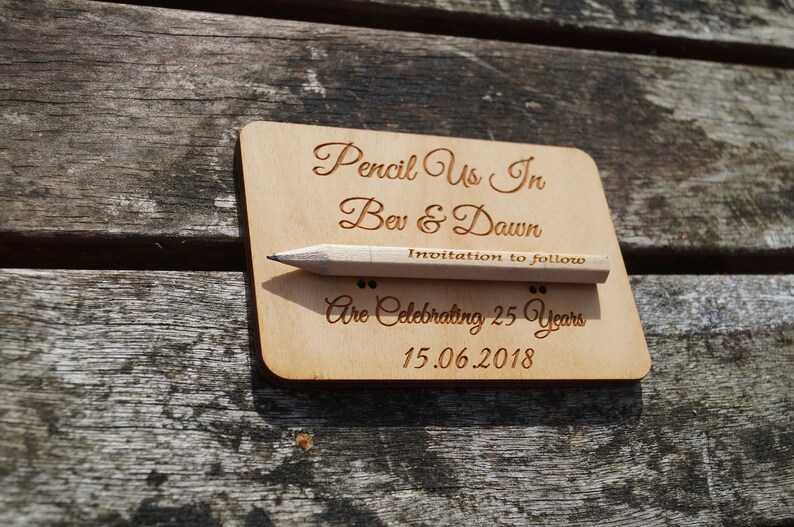 Wooden Save The Date cards, save the date, wooden wedding stationery, bespoke wedding, pencil us in, wedding invitations, wooden invitation image 9