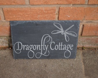Slate house sign, shed sign dragonfly image house sign, personalised slate sign, bespoke house sign, house numbers, dragonfly cottage