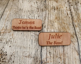 wooden name badges, name tags, personalised wooden badge, your name here, business badges.  hen party badges